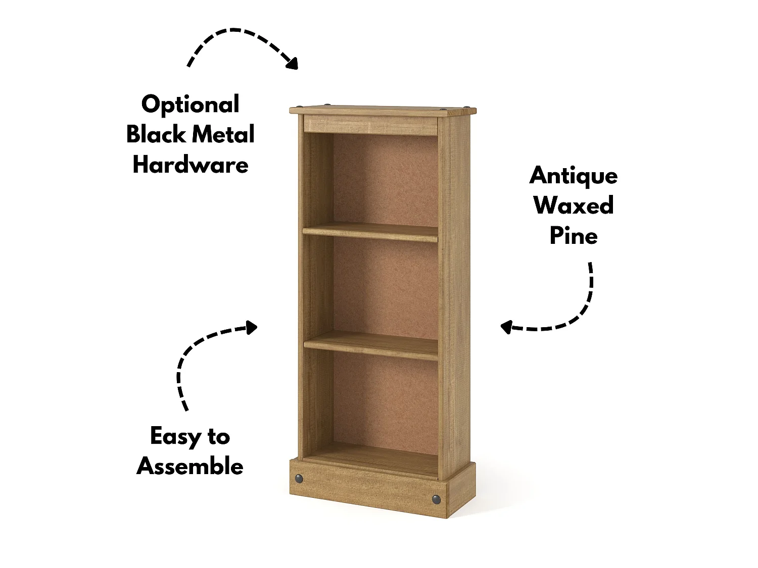 Corona Low Narrow 3-Shelf Bookcase, Solid Pine Wood
