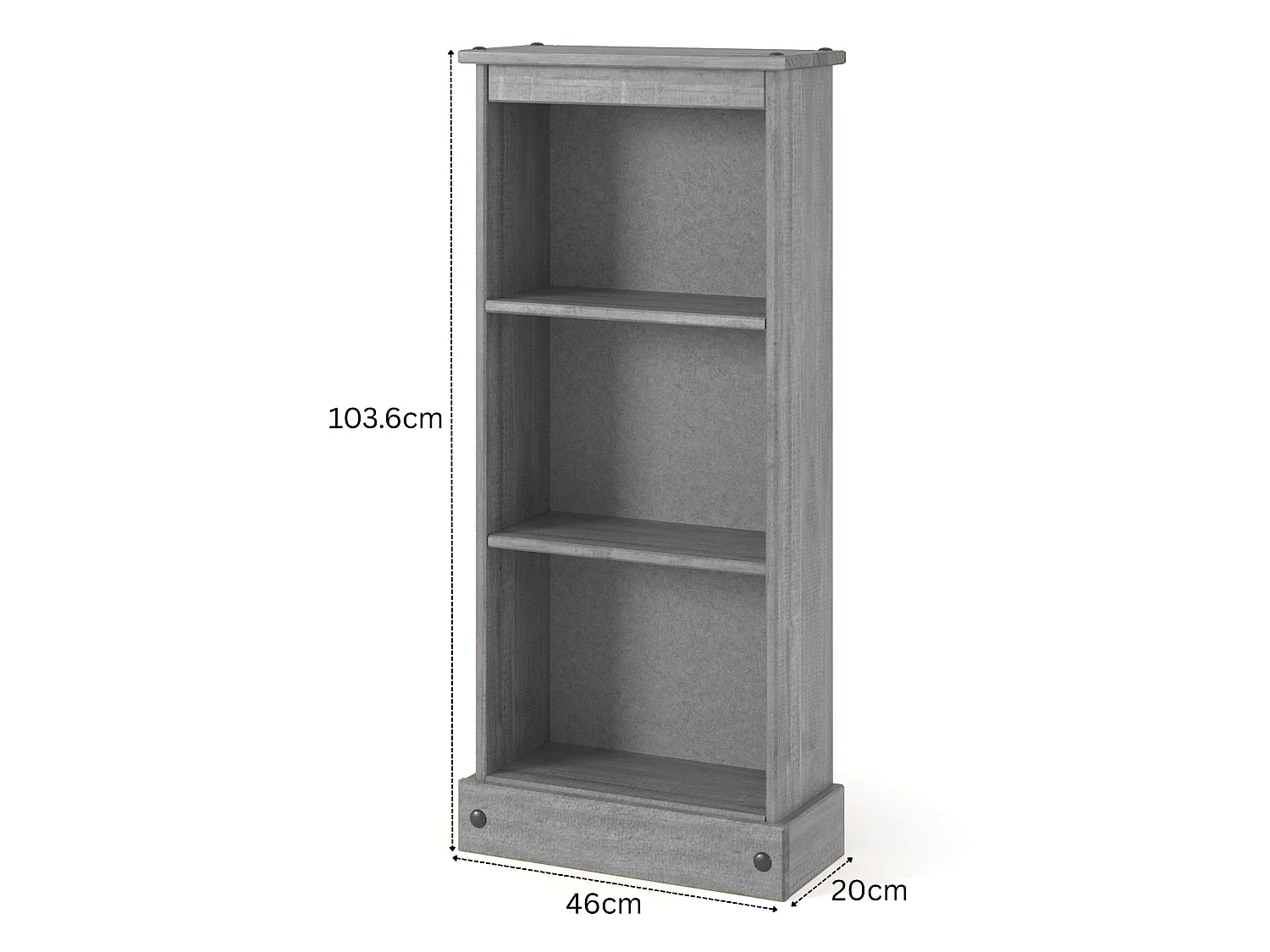 Corona Low Narrow 3-Shelf Bookcase, Solid Pine Wood