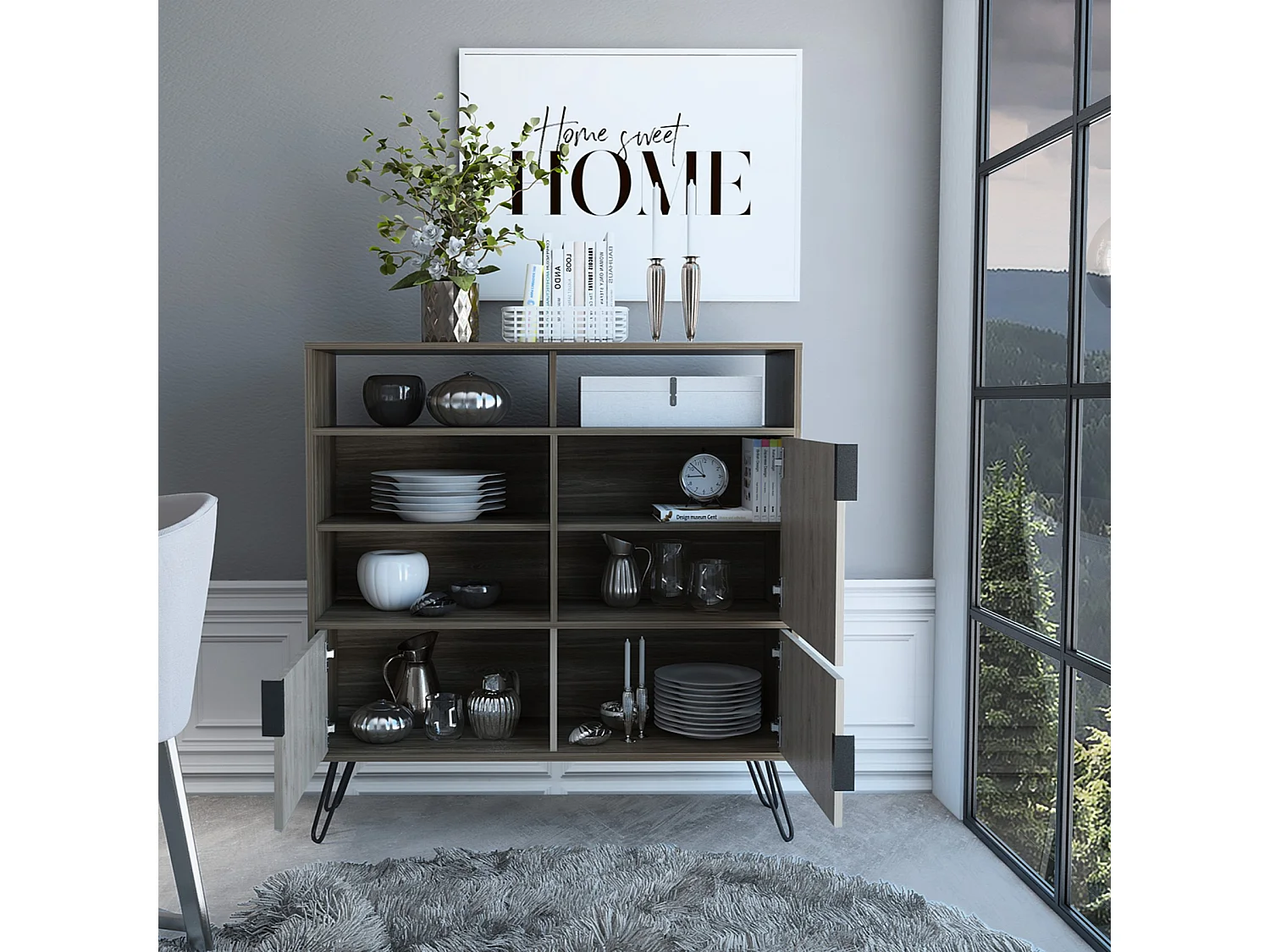 Nevada High Sideboard, 3-Drawers with Metal Hairpin Legs