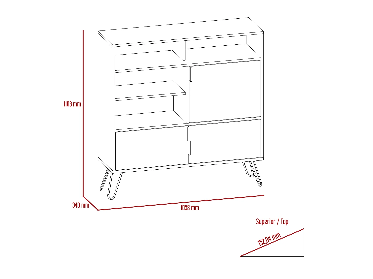 Nevada High Sideboard, 3-Drawers with Metal Hairpin Legs