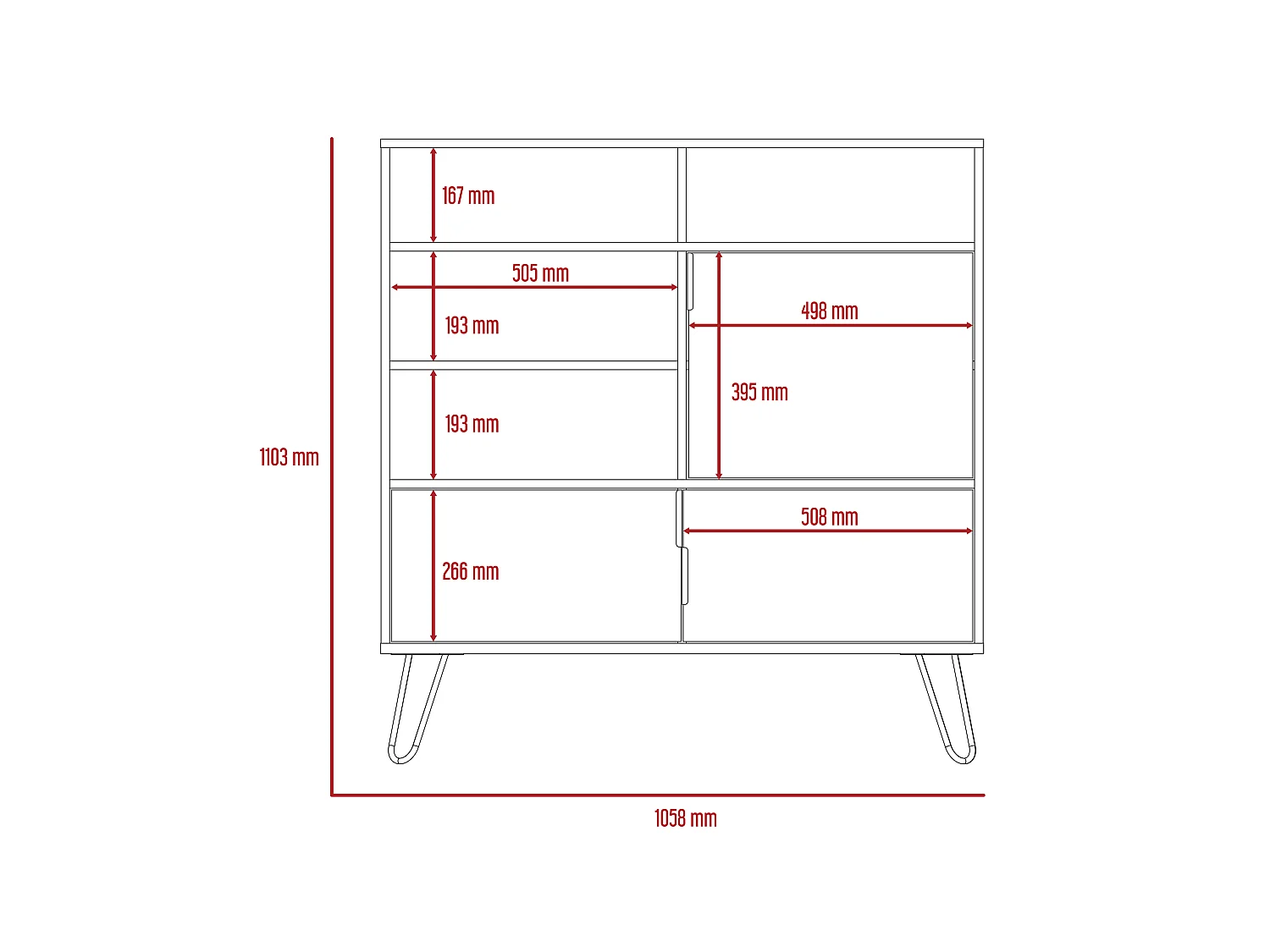 Nevada High Sideboard, 3-Drawers with Metal Hairpin Legs