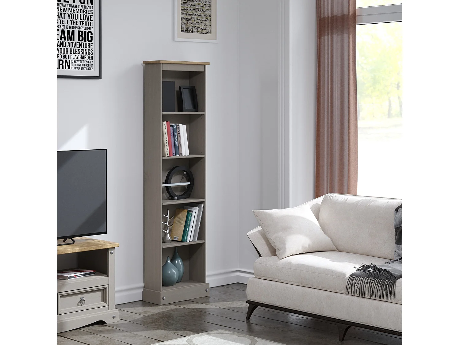 Corona Tall Narrow 5-Shelf Bookcase, Solid Pine Wood