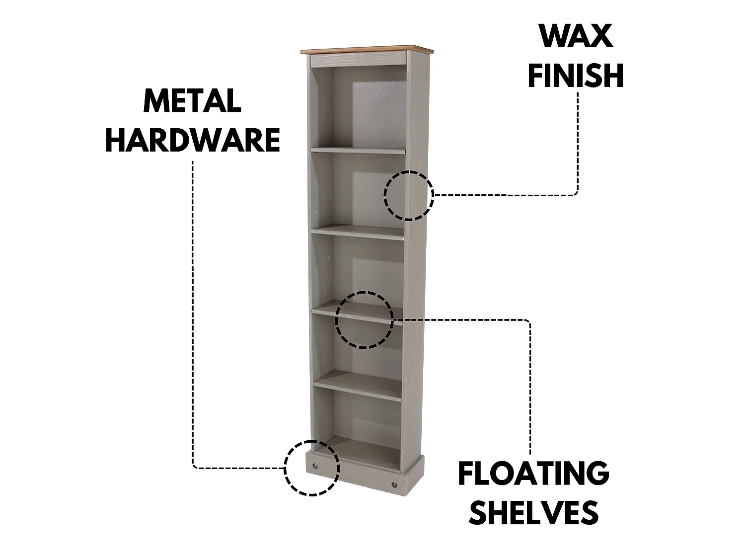 Corona Tall Narrow 5-Shelf Bookcase, Solid Pine Wood