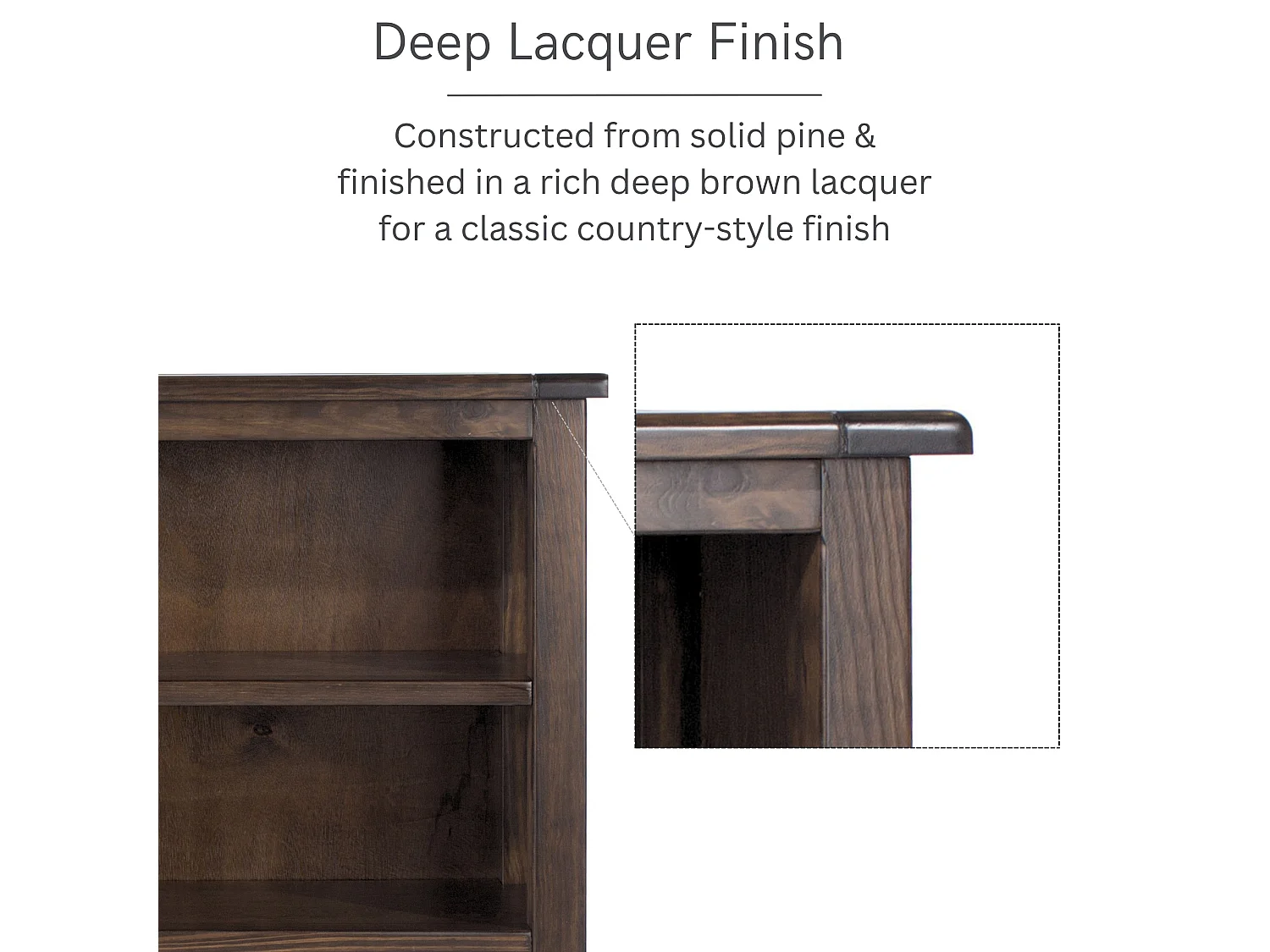 Boston Low & Wide 3-Shelf Bookcase, Solid Pine Wood with Lacquer