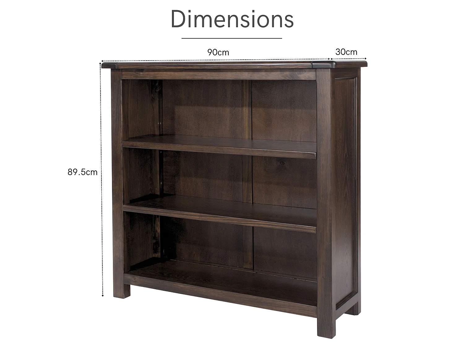 Boston Low & Wide 3-Shelf Bookcase, Solid Pine Wood with Lacquer