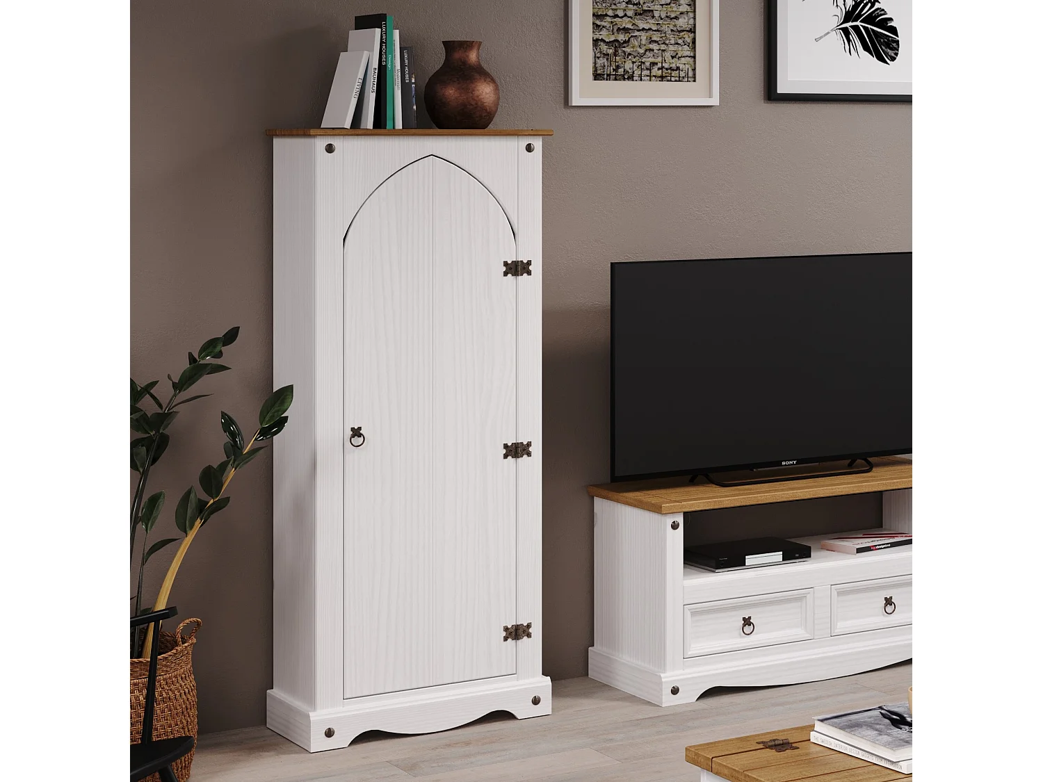 Corona Pantry Cupboard Storage Cabinet, Solid Waxed Wood