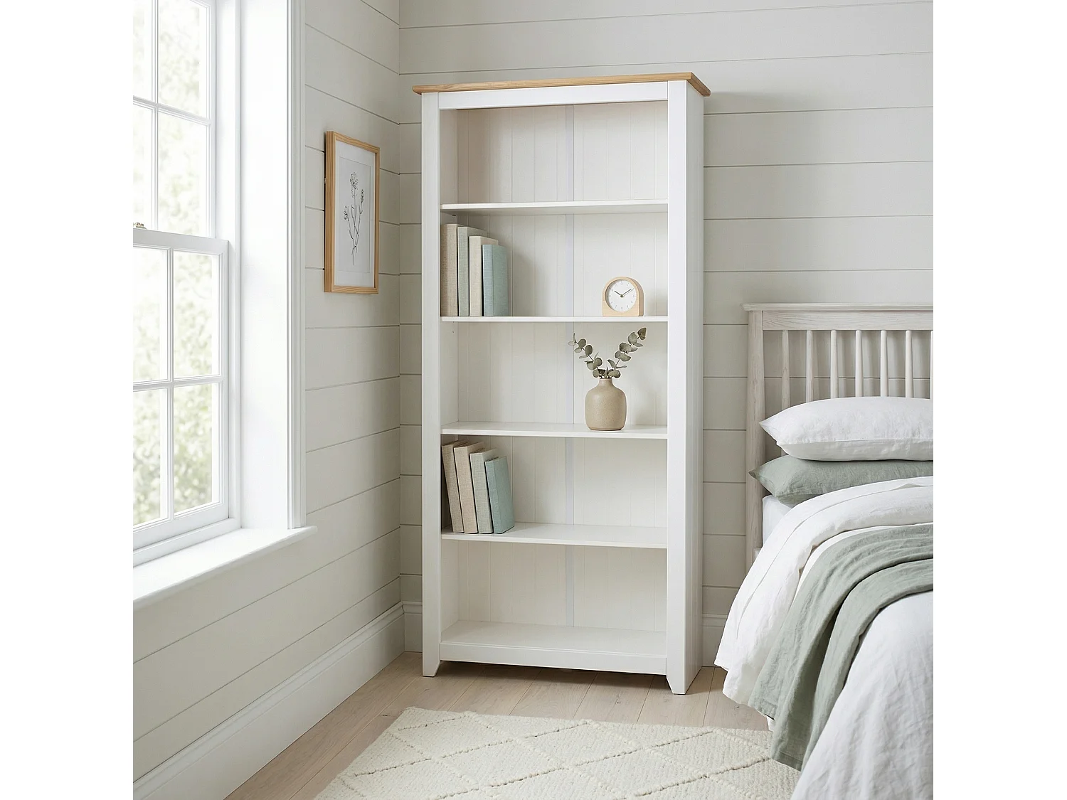 Capri Tall 5-Shelf Bookcase, White Finish with Antique Pine Top