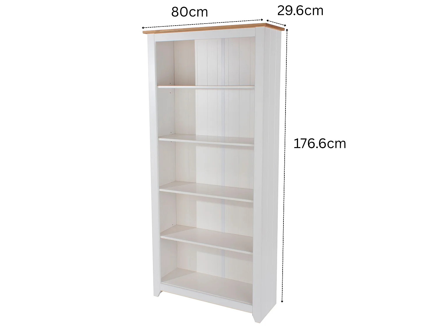 Capri Tall 5-Shelf Bookcase, White Finish with Antique Pine Top