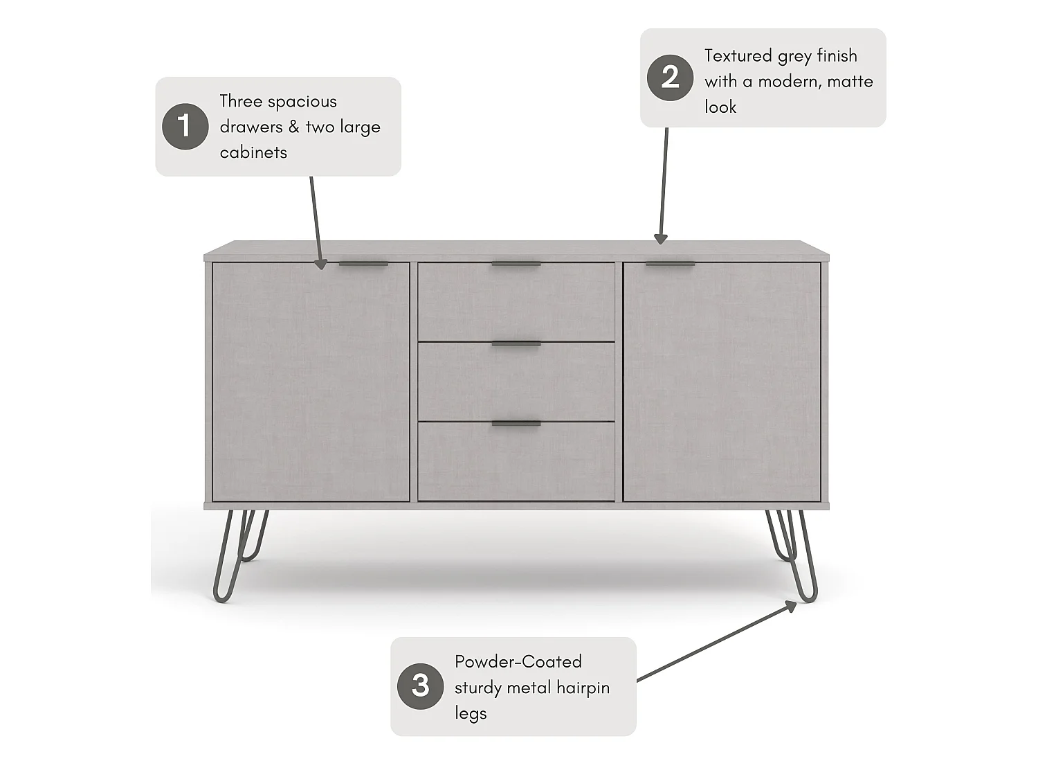 Augusta Grey Medium Sideboard with 2 Doors, 3 Drawers