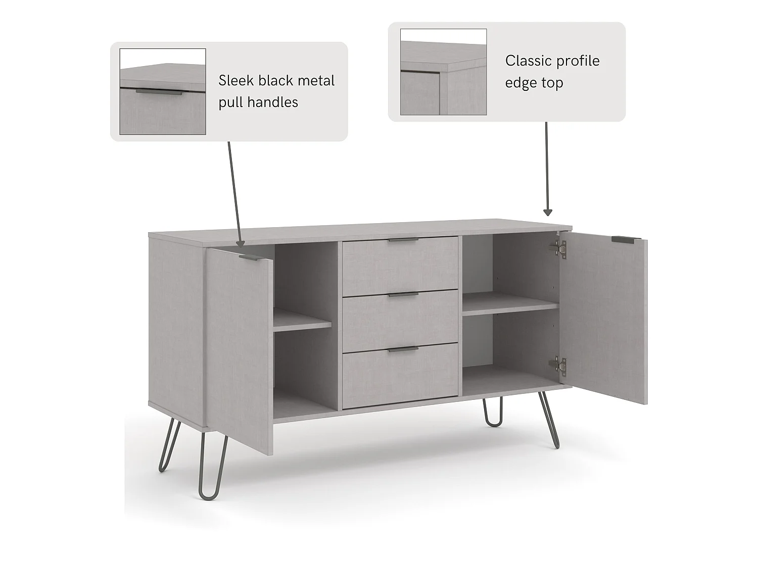 Augusta Grey Medium Sideboard with 2 Doors, 3 Drawers