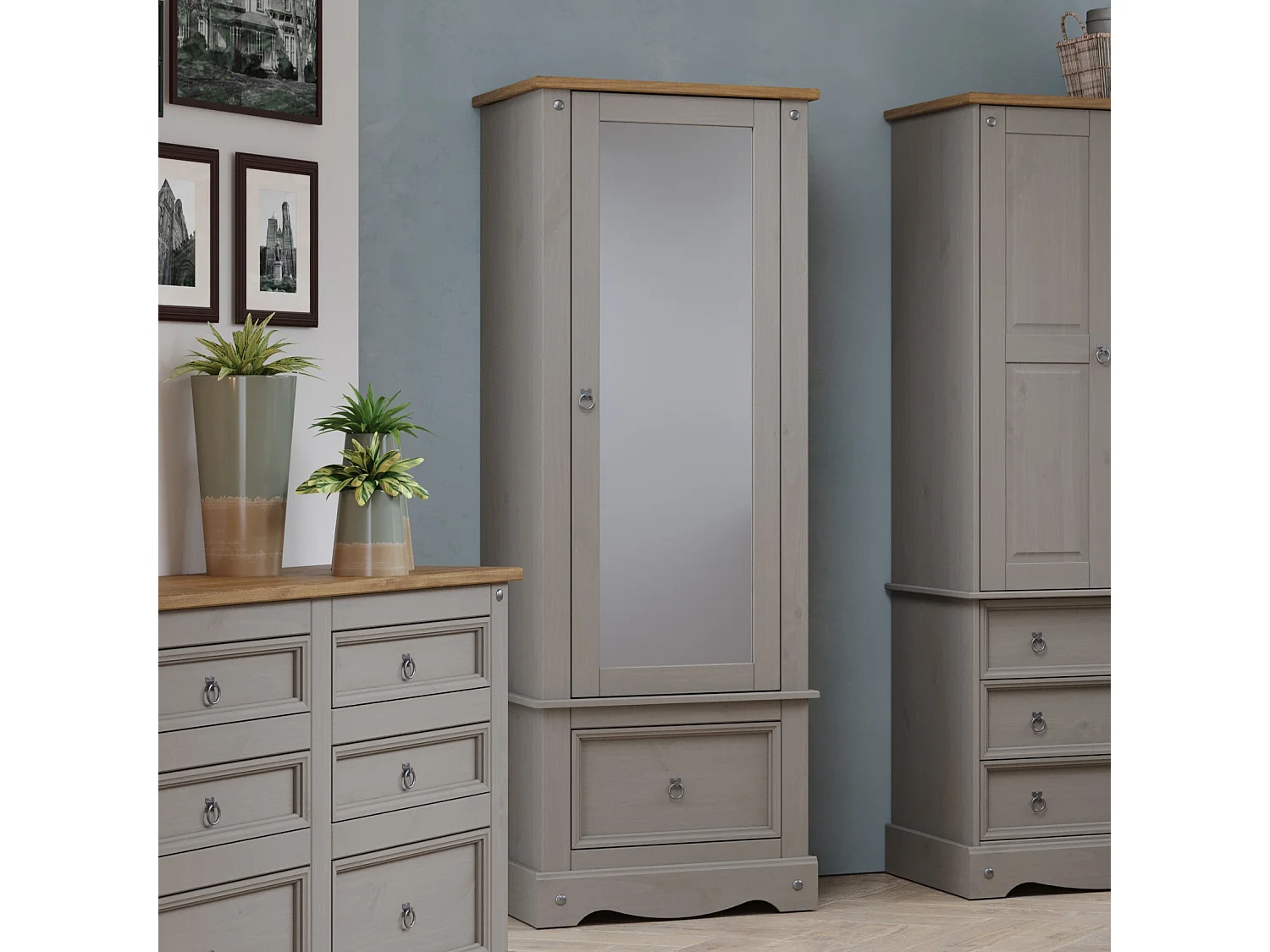Corona Rustic 1-Door Mirrored Armoire Wardrobe, Solid Waxed Wood