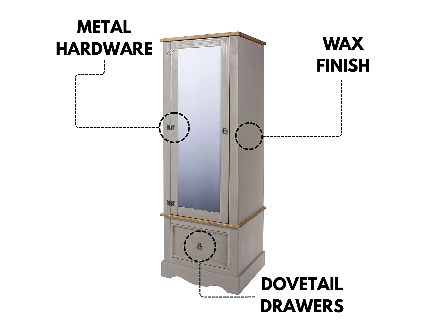 Corona Rustic 1-Door Mirrored Armoire Wardrobe, Solid Waxed Wood