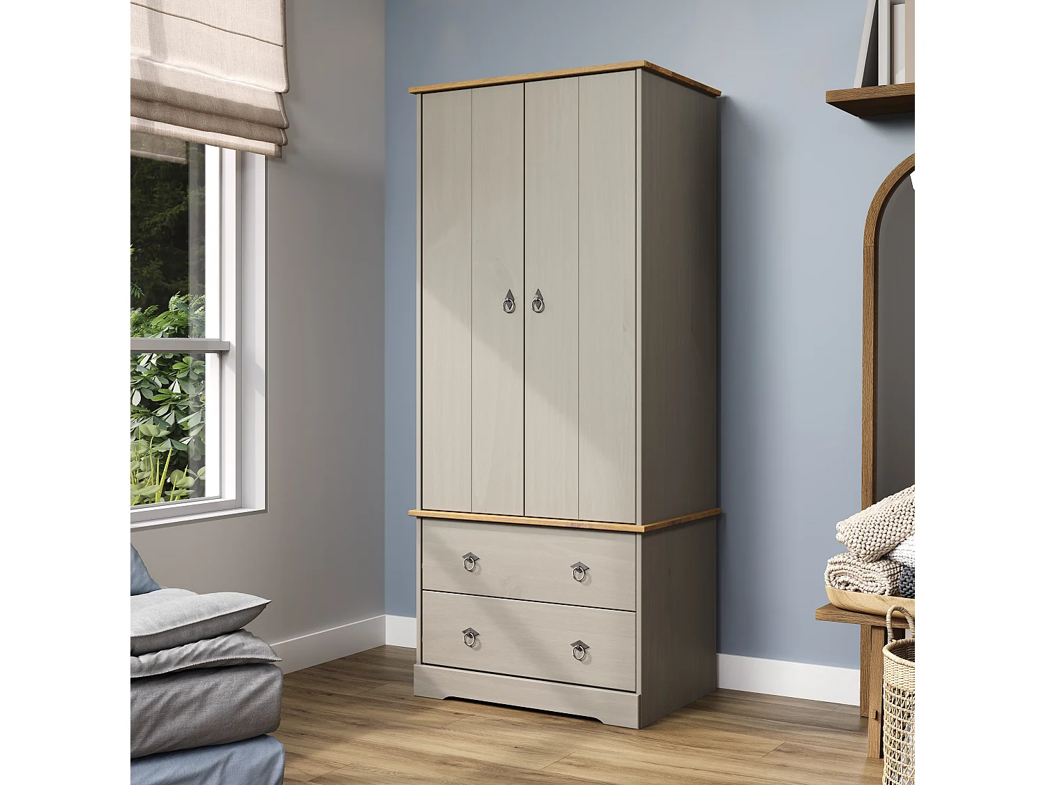 Corona Classic Grey 2-Door & 2-Drawer Wardrobe, Solid Wood Wax Finish