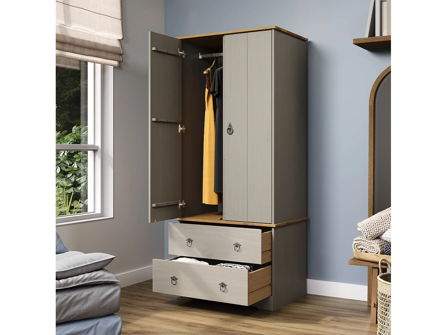 Corona Classic Grey 2-Door & 2-Drawer Wardrobe, Solid Wood Wax Finish