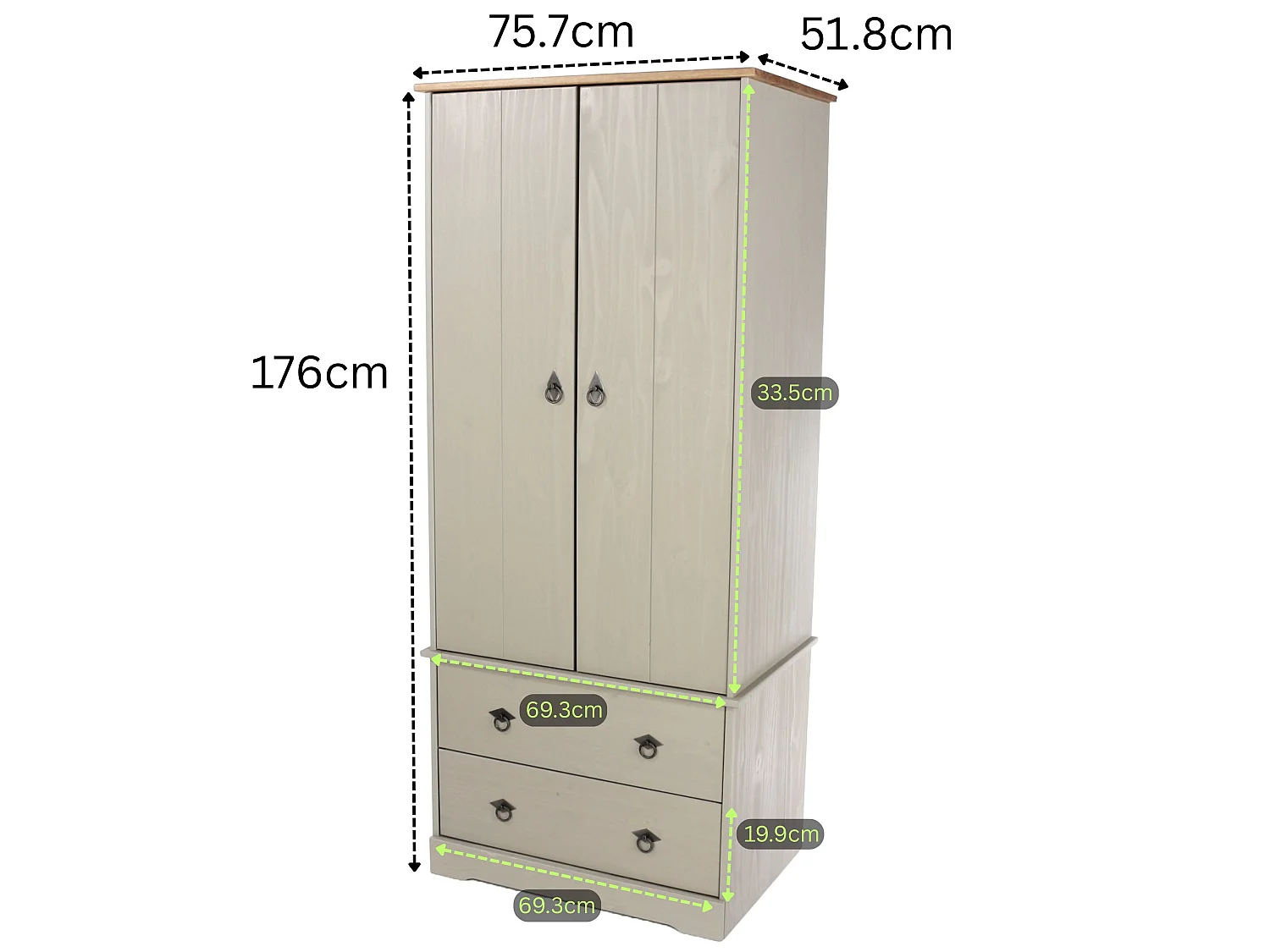 Corona Classic Grey 2-Door & 2-Drawer Wardrobe, Solid Wood Wax Finish