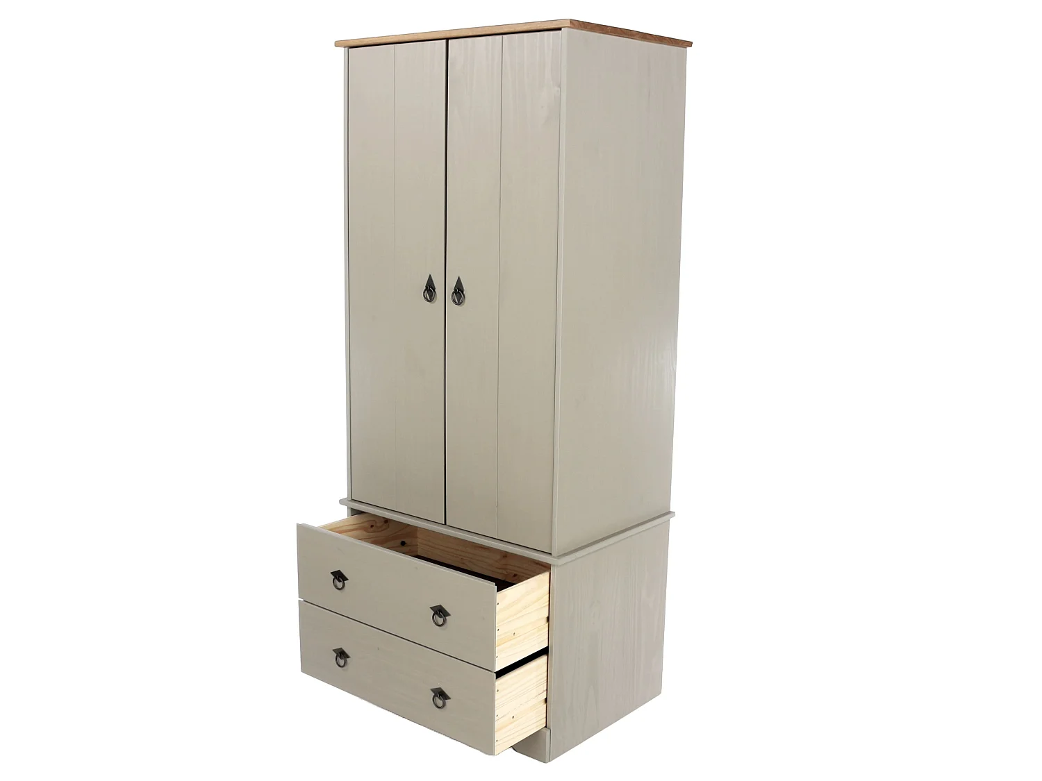 Corona Classic Grey 2-Door & 2-Drawer Wardrobe, Solid Wood Wax Finish