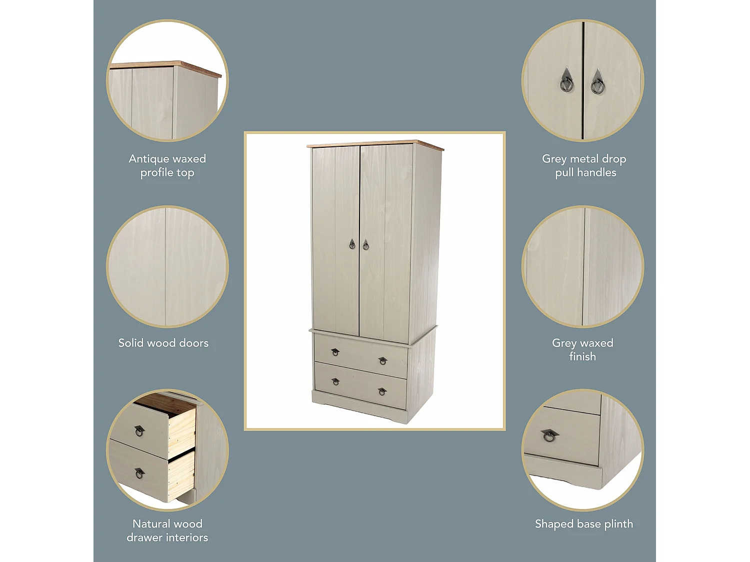 Corona Classic Grey 2-Door & 2-Drawer Wardrobe, Solid Wood Wax Finish
