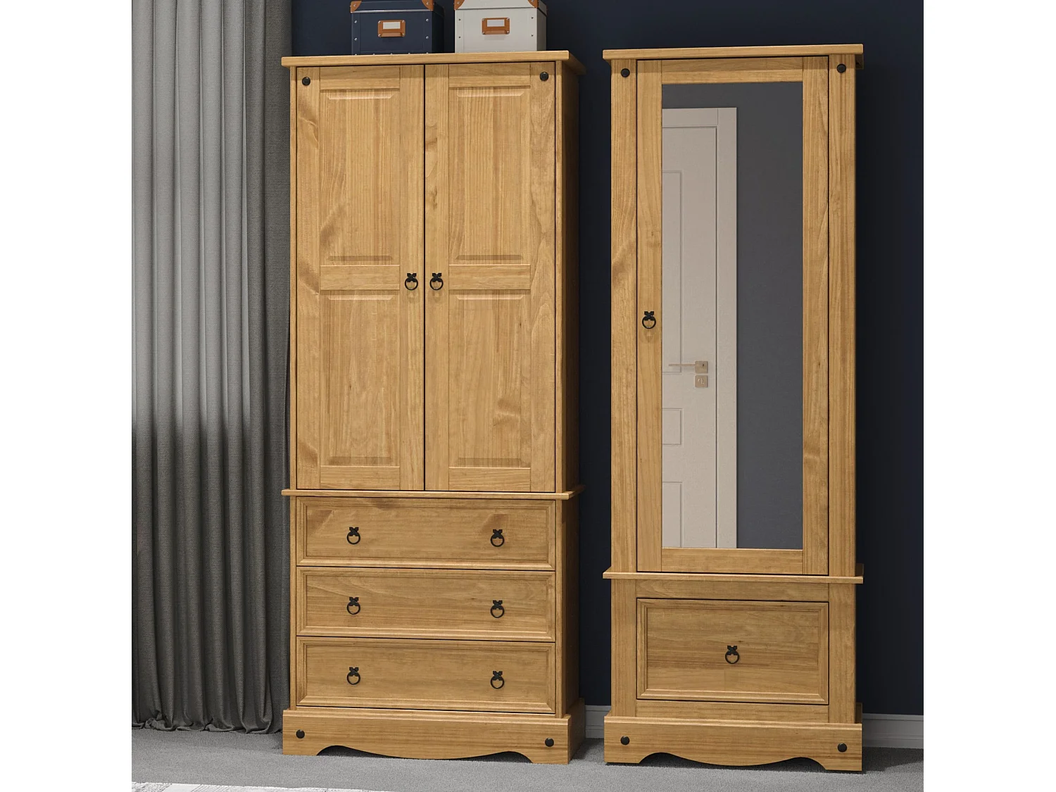 Corona Rustic 1-Door Mirrored Armoire Wardrobe, Solid Waxed Wood