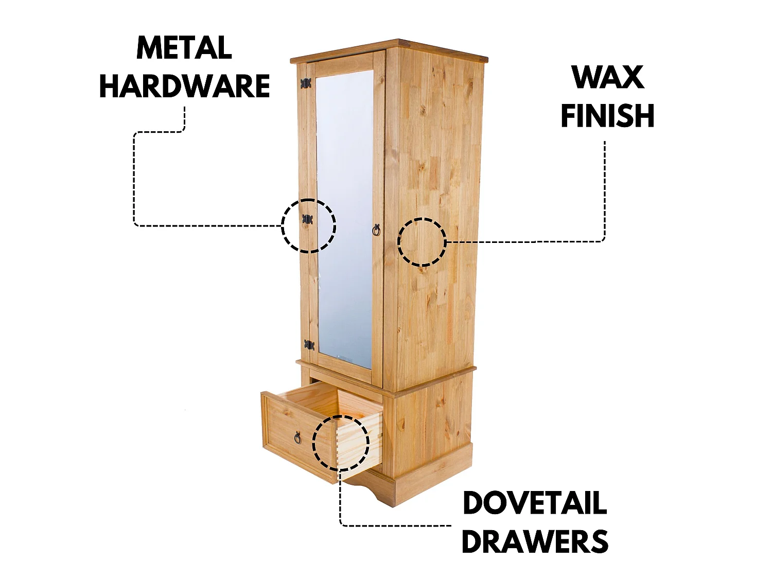Corona Rustic 1-Door Mirrored Armoire Wardrobe, Solid Waxed Wood