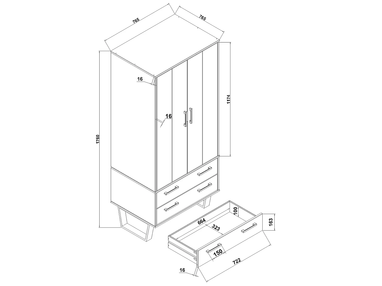 Texas 2-Door & 2-Drawer Grey-Wax Wardrobe, Deep Industrial Design