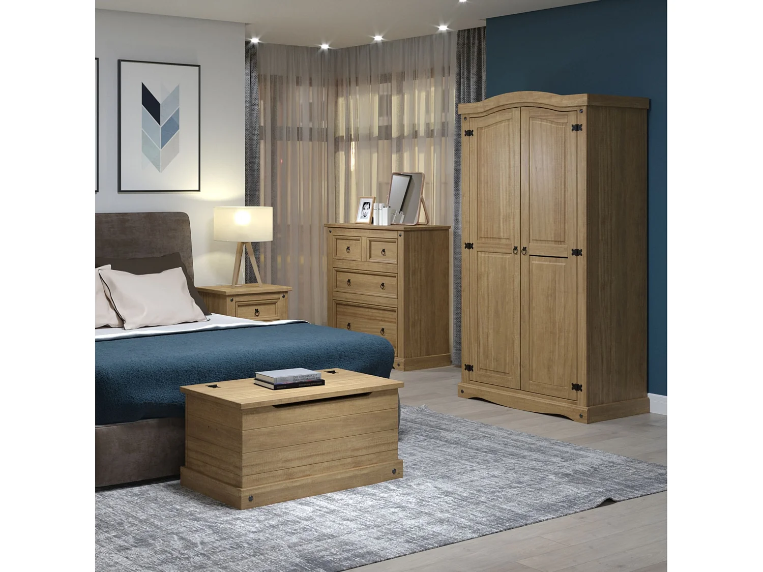Corona 2-Drawer Rustic Wardrobe, Hanging Rail & Top Shelf