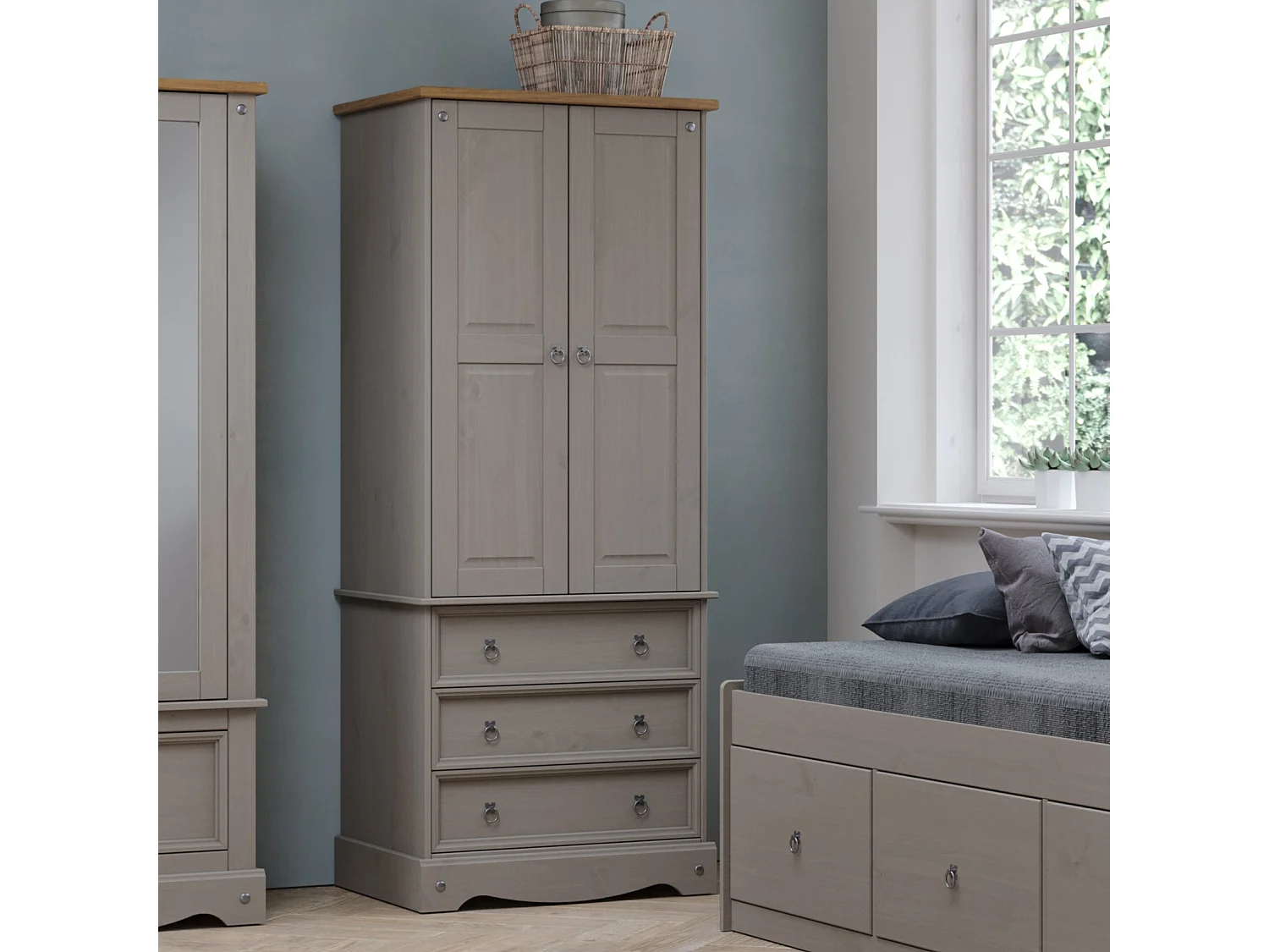 Corona 2-Door & 3-Drawer Rustic Wardrobe, Hanging Rail & Wax Finish