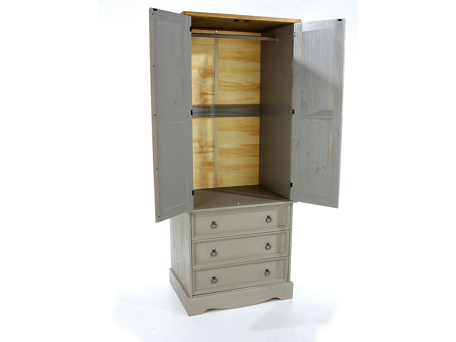 Corona 2-Door & 3-Drawer Rustic Wardrobe, Hanging Rail & Wax Finish