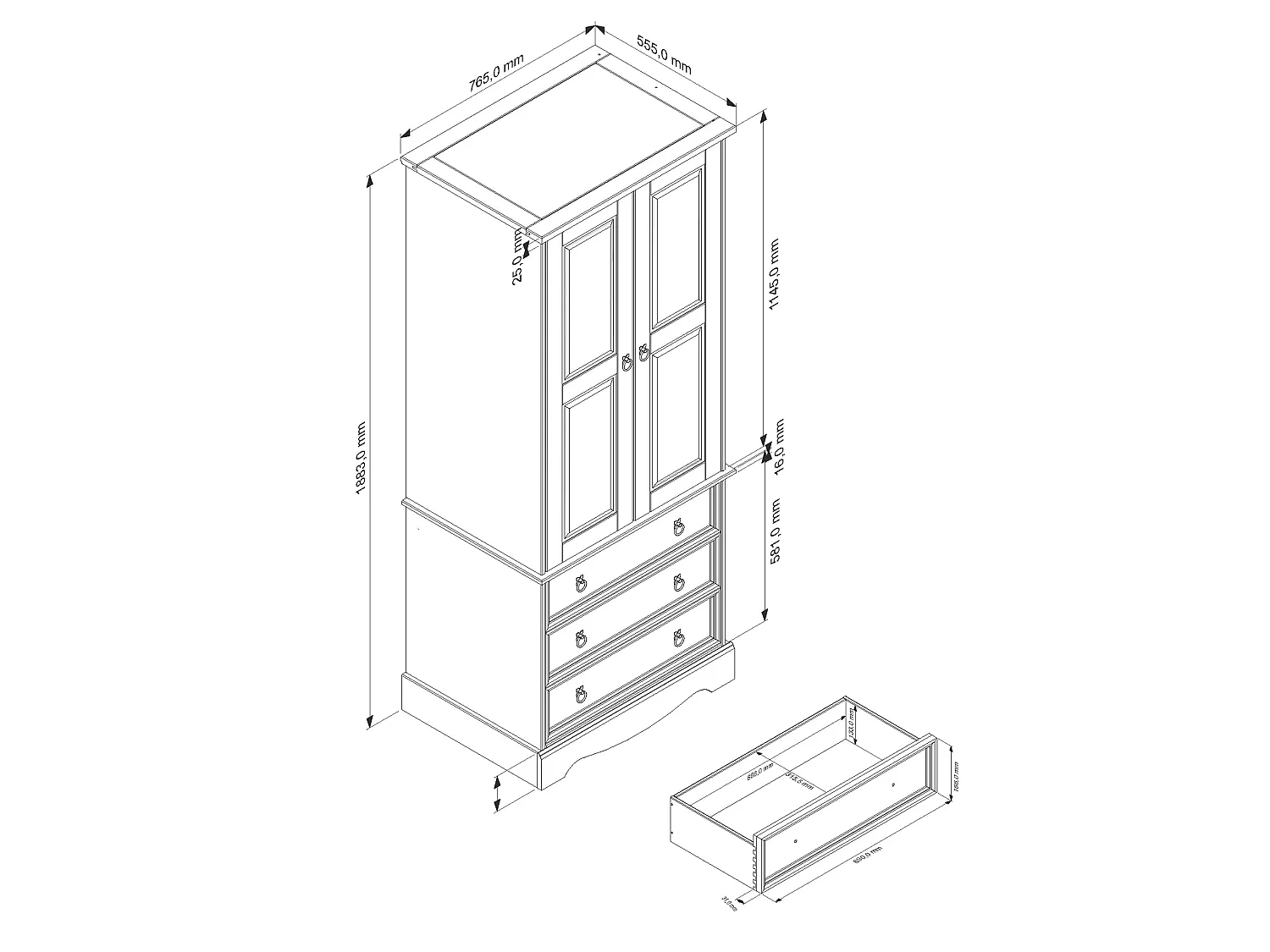 Corona 2-Door & 3-Drawer Rustic Wardrobe, Hanging Rail & Wax Finish