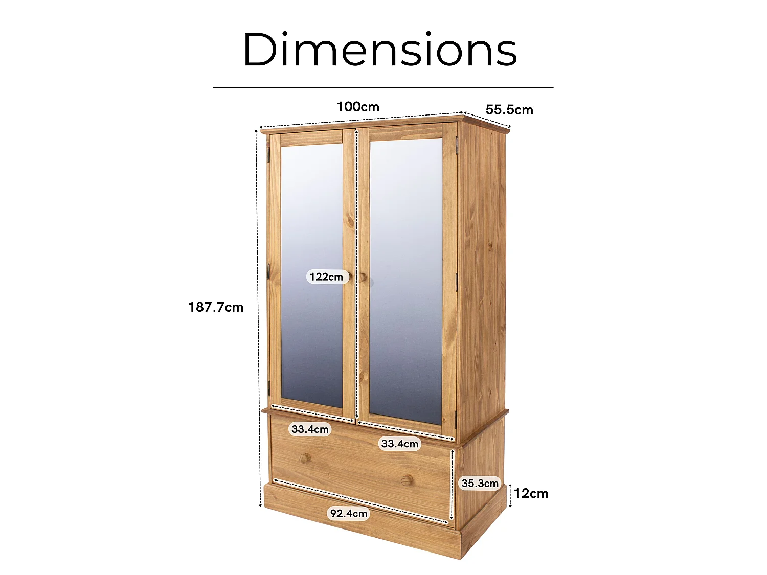 Cotswold 2-Door & 1-Drawer Mirrored Wardrobe, Rustic Wax Finish