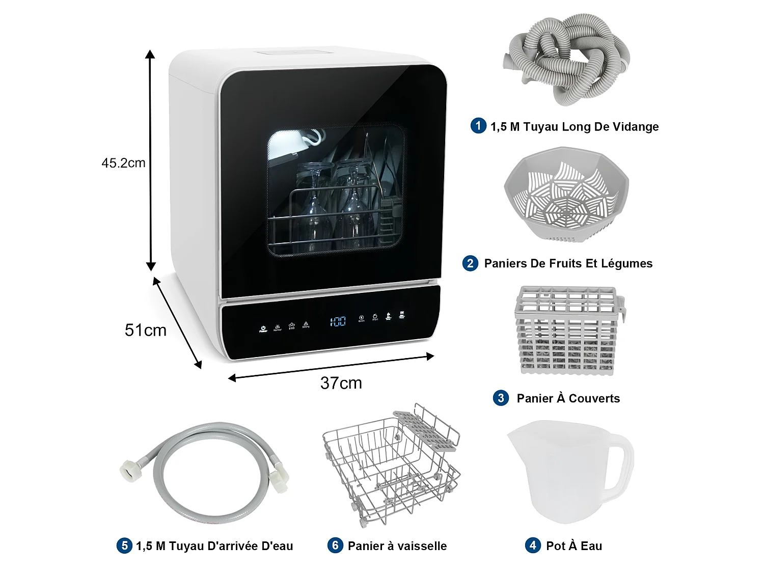 Mini Lave-Vaisselle de Comptoir - PULUOMIS - 6+1 Programmes, Double Entrée d’Eau, Séchage PTC, Économie d’Eau, Classe D - Noir
