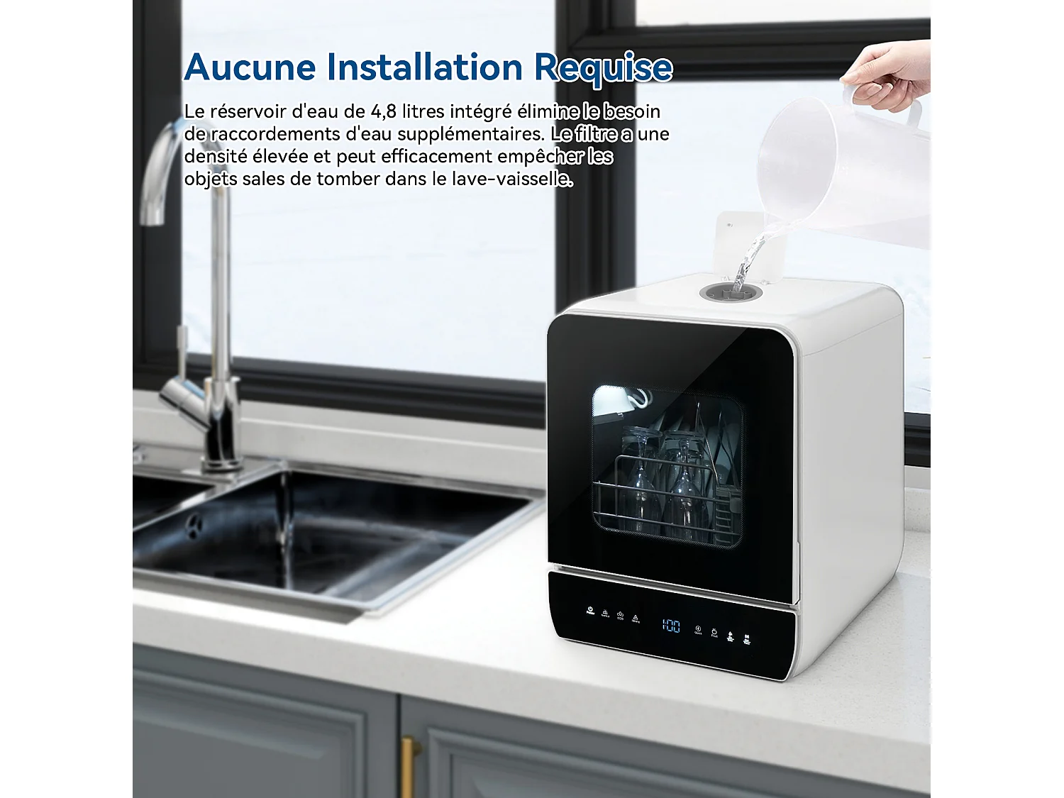 Mini Lave-Vaisselle de Comptoir - PULUOMIS - 6+1 Programmes, Double Entrée d’Eau, Séchage PTC, Économie d’Eau, Classe D - Noir