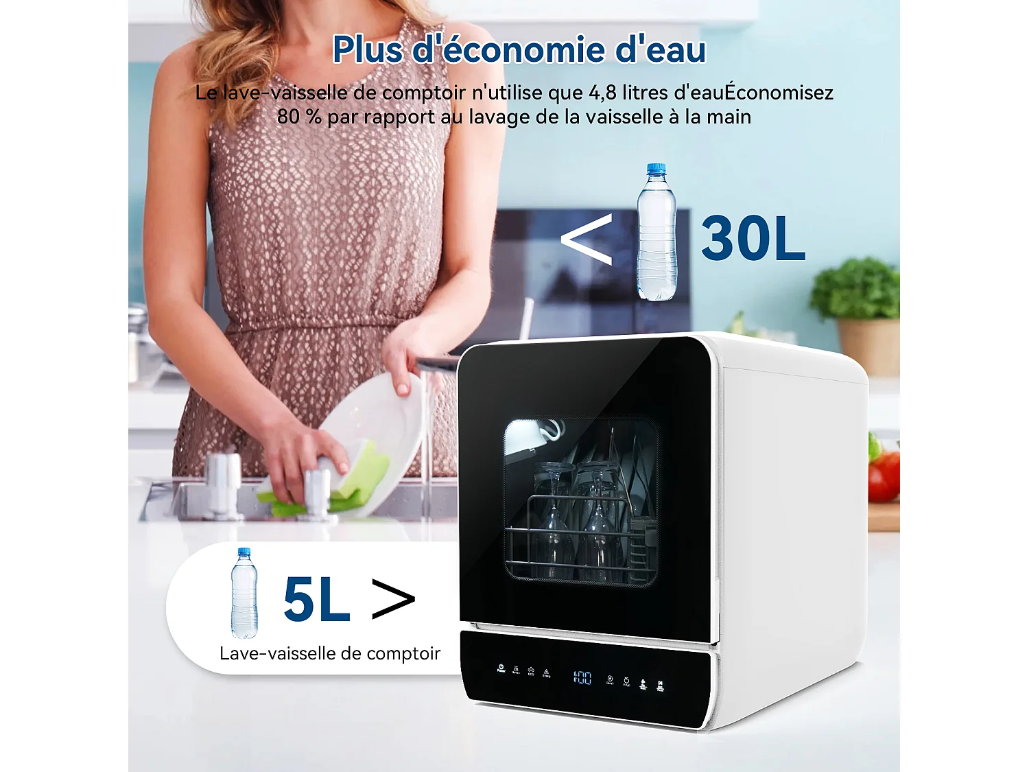 Mini Lave-Vaisselle de Comptoir - PULUOMIS - 6+1 Programmes, Double Entrée d’Eau, Séchage PTC, Économie d’Eau, Classe D - Noir