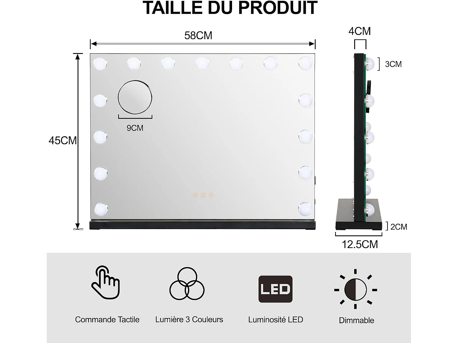 Miroir de maquillage 58x45cm - PULUOMIS - LED 15 ampoules, 3 modes de lumière, bouton tactile, loupe 10x amovible, port USB+Type-C, pose table/mural - Noir