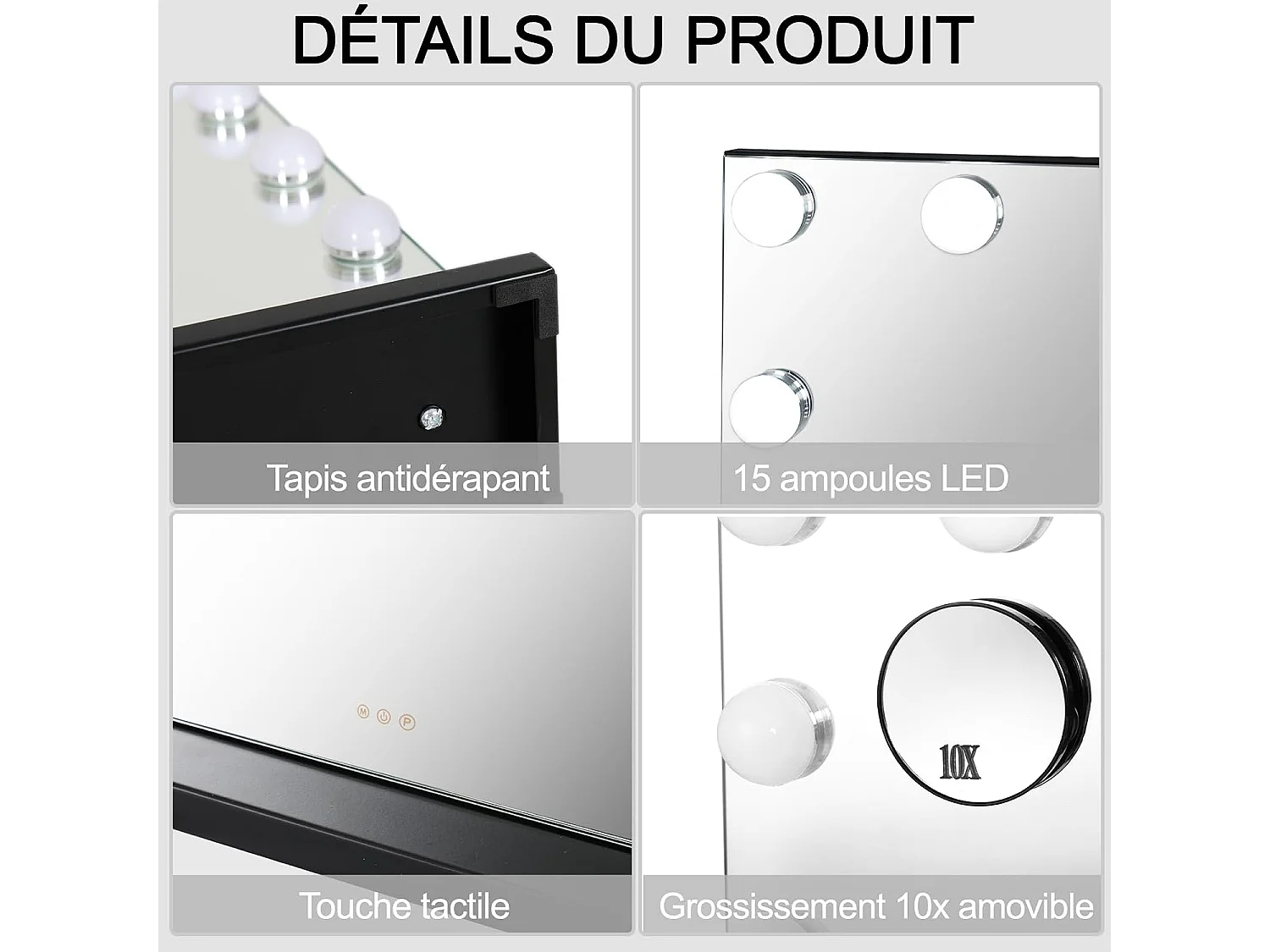 Miroir de maquillage 58x45cm - PULUOMIS - LED 15 ampoules, 3 modes de lumière, bouton tactile, loupe 10x amovible, port USB+Type-C, pose table/mural - Noir