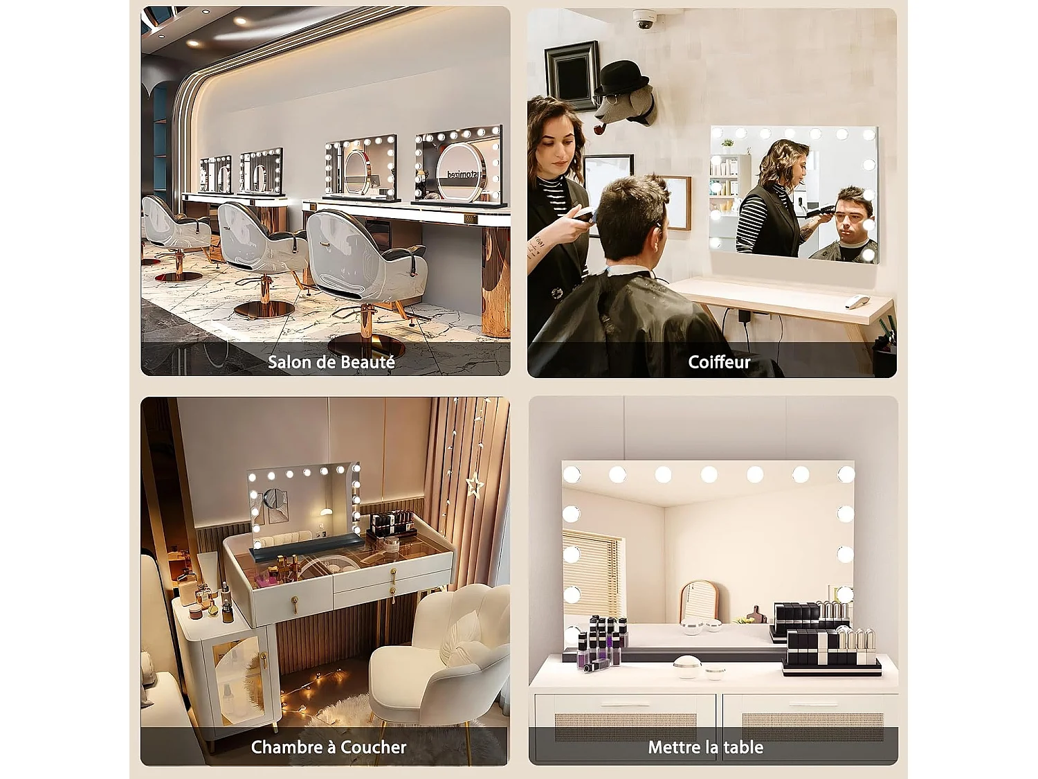 Miroir de maquillage 58x45cm - PULUOMIS - LED 15 ampoules, 3 modes de lumière, bouton tactile, loupe 10x amovible, port USB+Type-C, pose table/mural - Noir