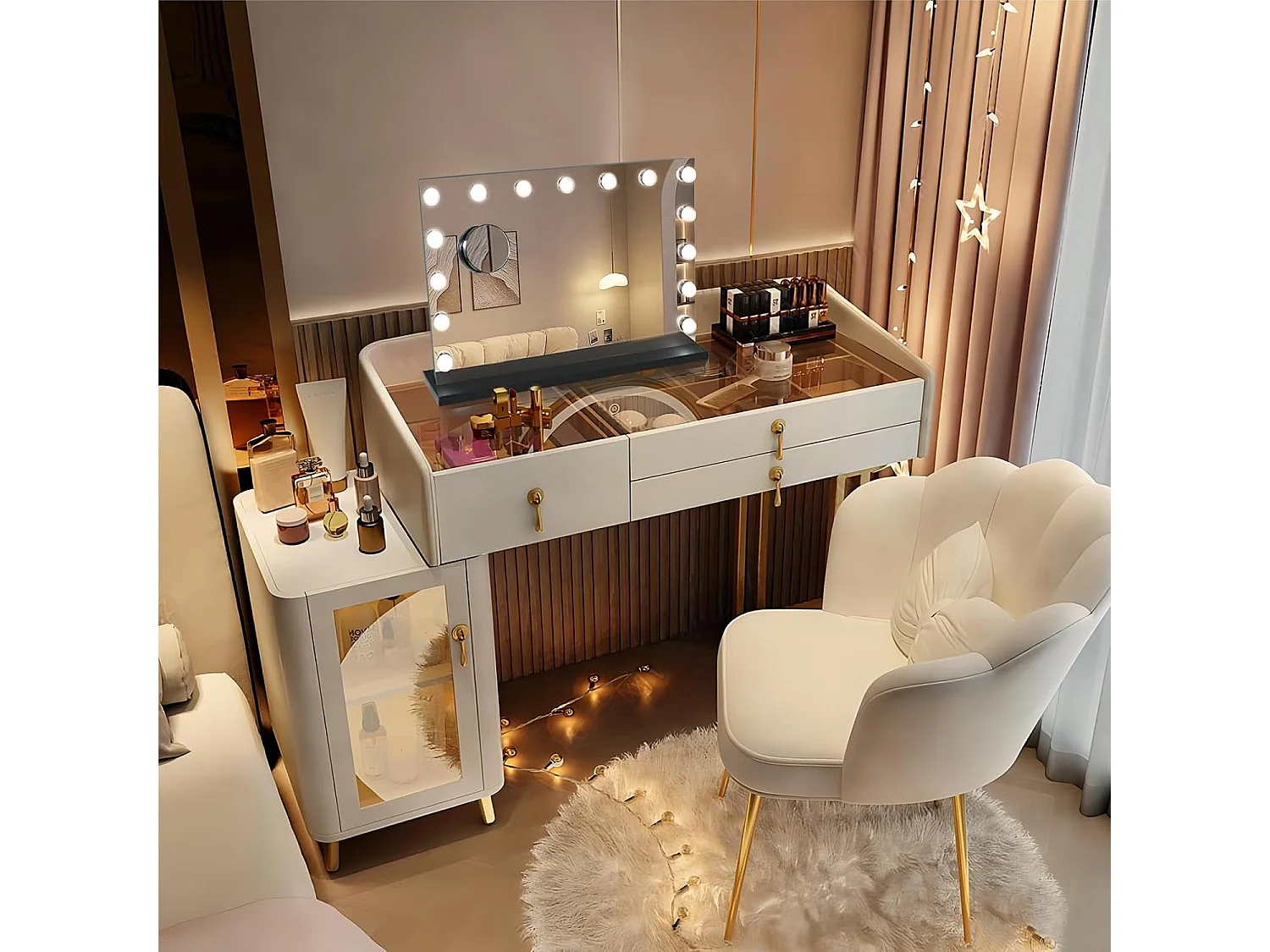 Miroir de maquillage 58x45cm - PULUOMIS - LED 15 ampoules, 3 modes de lumière, bouton tactile, loupe 10x amovible, port USB+Type-C, pose table/mural - Noir