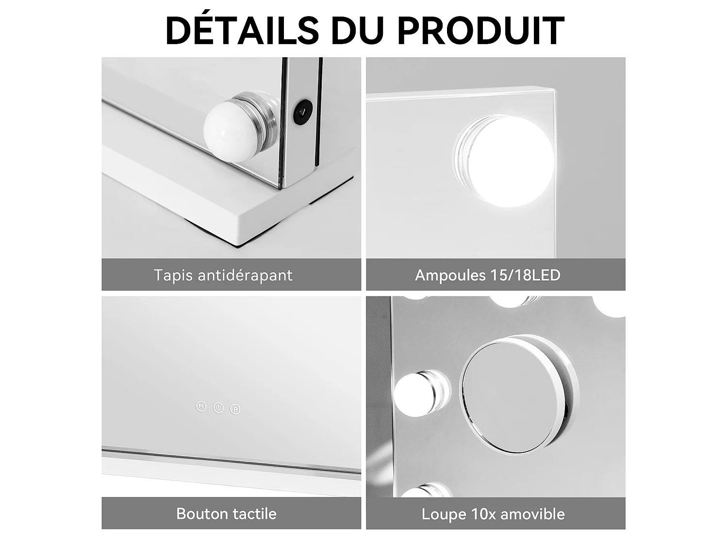 Miroir de maquillage 58x45cm - PULUOMIS - LED 15 ampoules, 3 modes de lumière, bouton tactile, loupe 10x amovible, port USB+Type-C, pose table/mural - Noir
