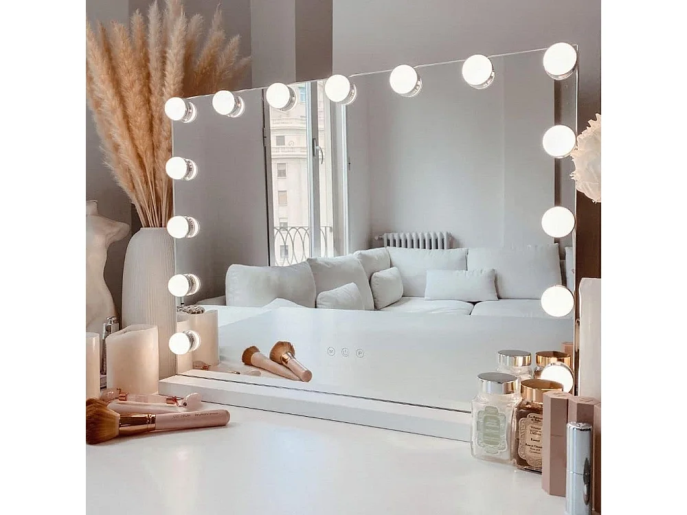 Miroir de maquillage 58x45cm - PULUOMIS - LED 15 ampoules, 3 modes de lumière, bouton tactile, loupe 10x amovible, port USB+Type-C, pose table/mural - Noir