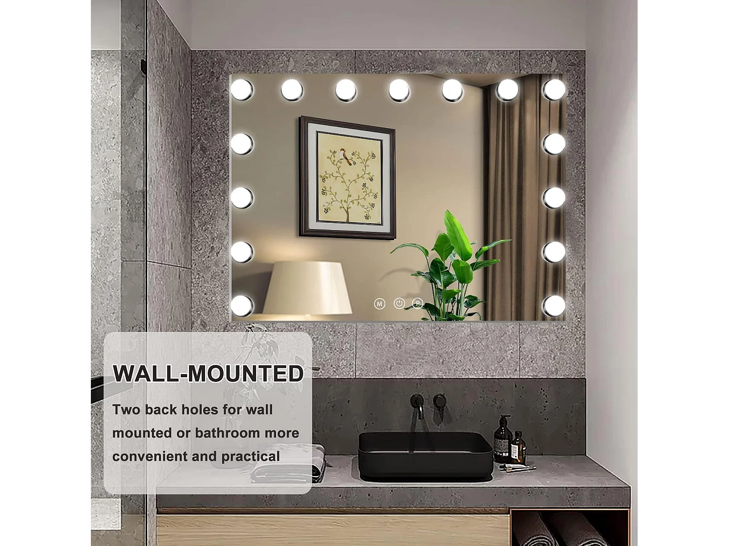 Miroir de maquillage 58x45cm - PULUOMIS - LED 15 ampoules, 3 modes de lumière, bouton tactile, loupe 10x amovible, port USB+Type-C, pose table/mural - Noir