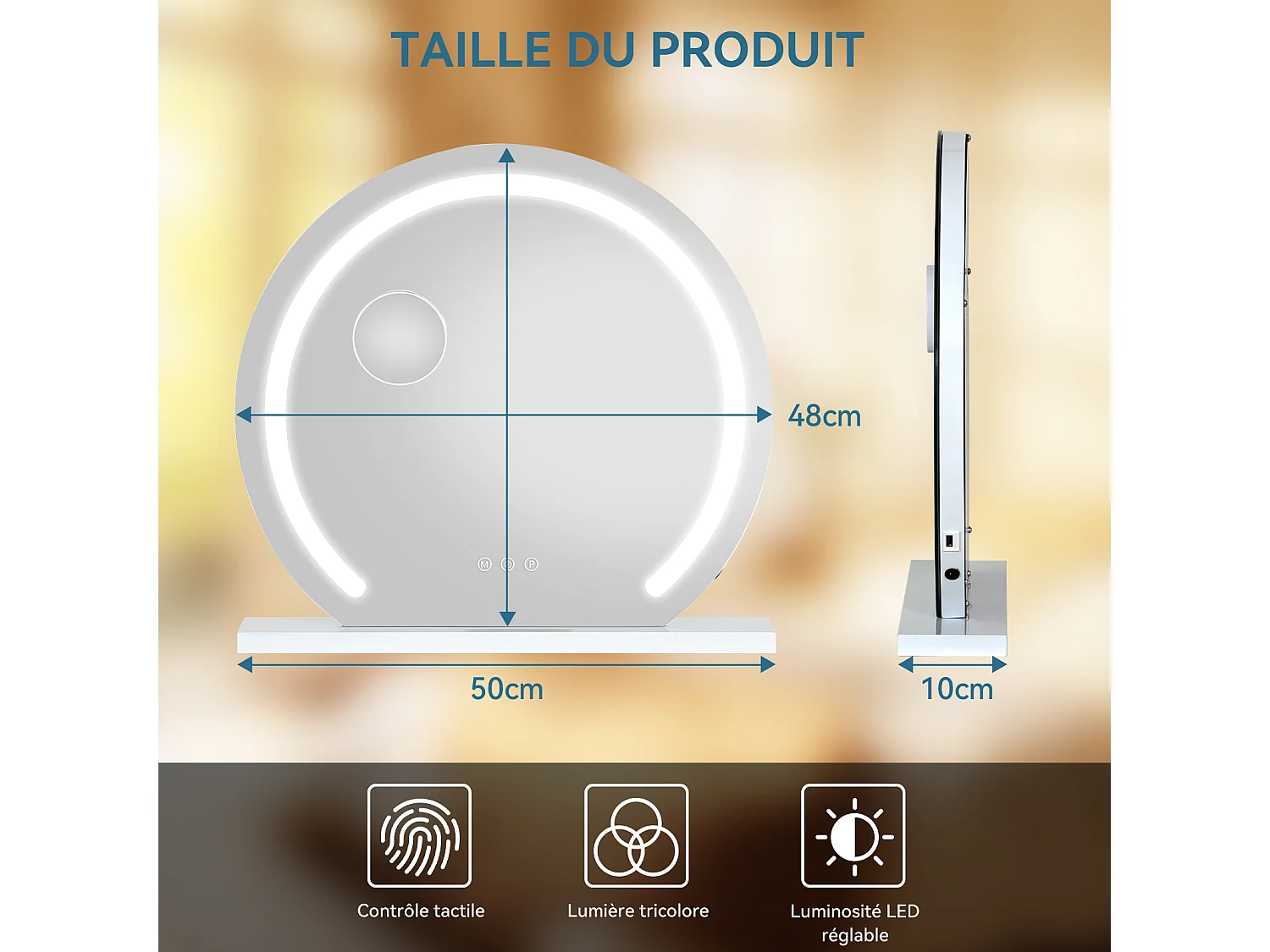 Miroir rond de maquillage LED 50x48cm - PULUOMIS - Contrôle tactile, 3 couleurs de lumière, luminosité réglable, port USB - Blanc
