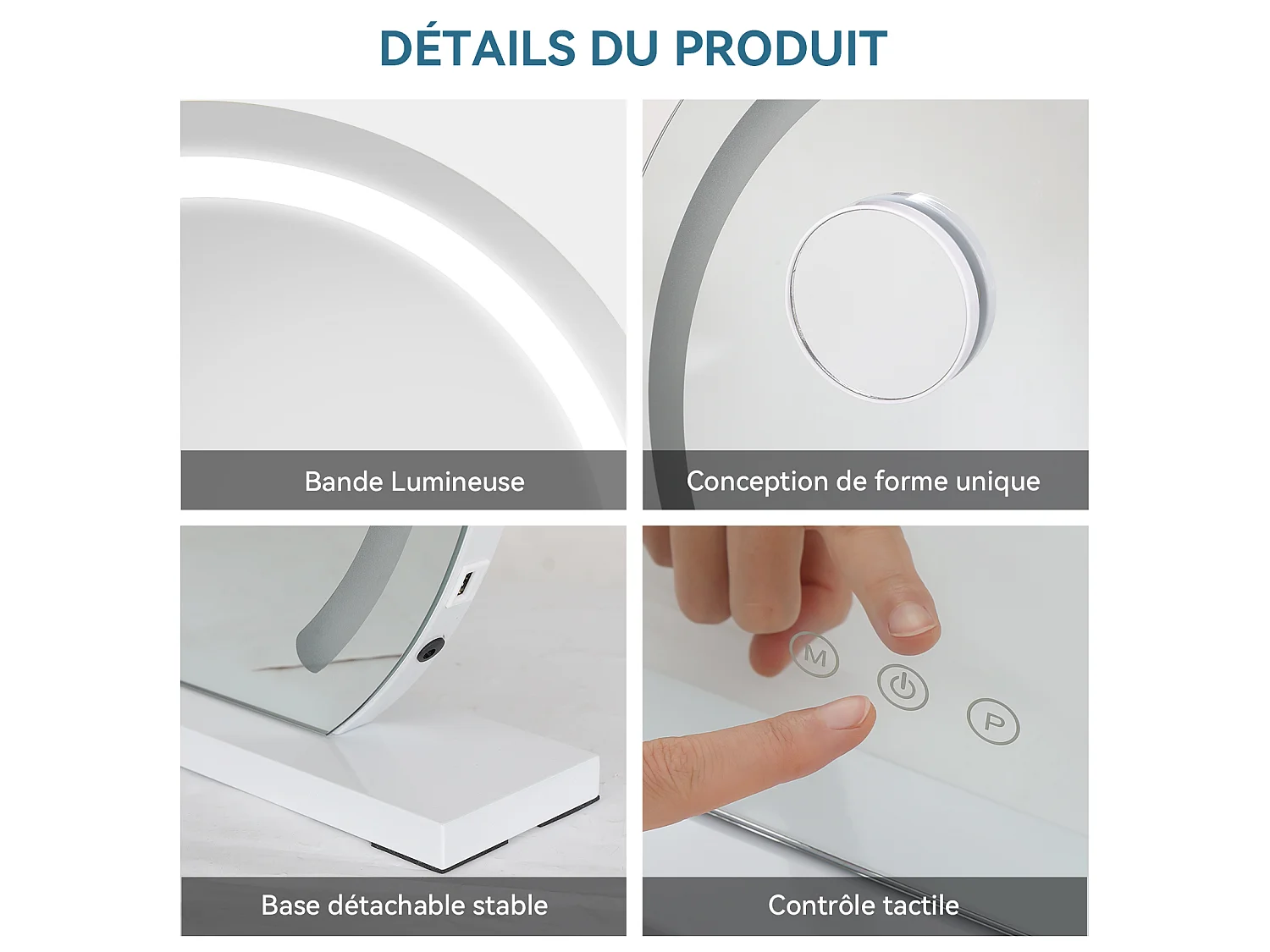 Miroir rond de maquillage LED 50x48cm - PULUOMIS - Contrôle tactile, 3 couleurs de lumière, luminosité réglable, port USB - Blanc
