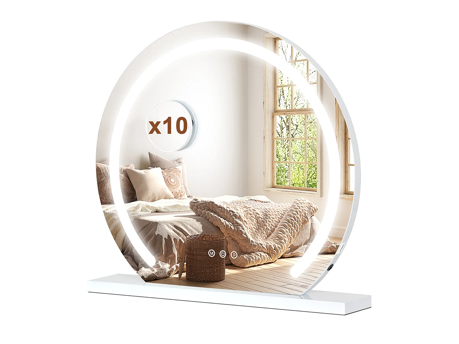 Miroir rond de maquillage LED 50x48cm - PULUOMIS - Contrôle tactile, 3 couleurs de lumière, luminosité réglable, port USB - Blanc