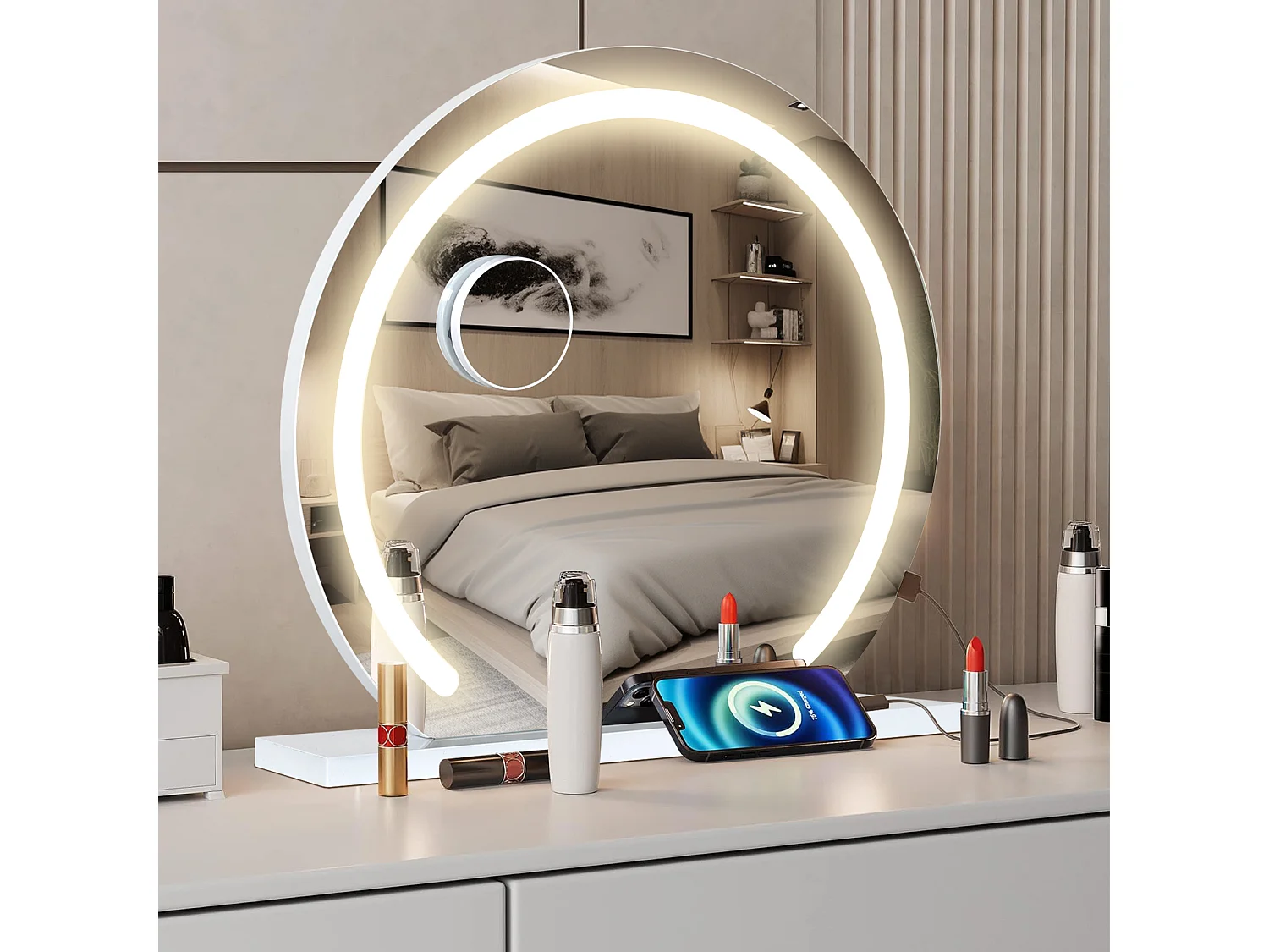 Miroir rond de maquillage LED 50x48cm - PULUOMIS - Contrôle tactile, 3 couleurs de lumière, luminosité réglable, port USB - Blanc