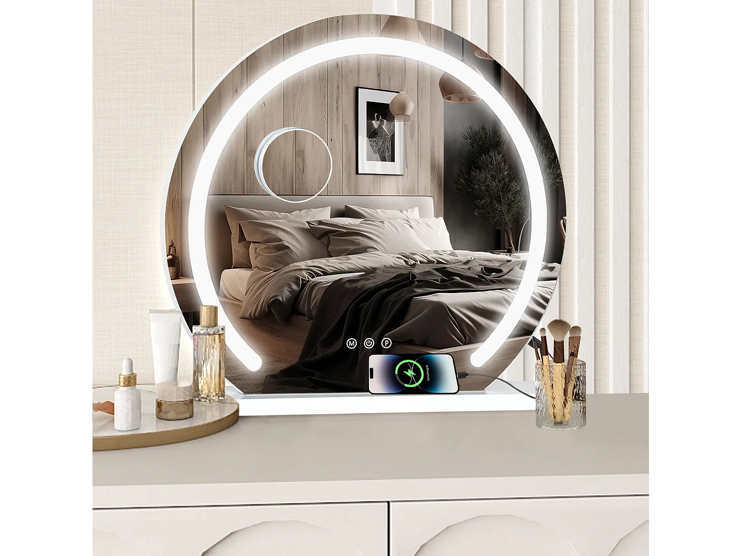 Miroir rond de maquillage LED 50x48cm - PULUOMIS - Contrôle tactile, 3 couleurs de lumière, luminosité réglable, port USB - Blanc