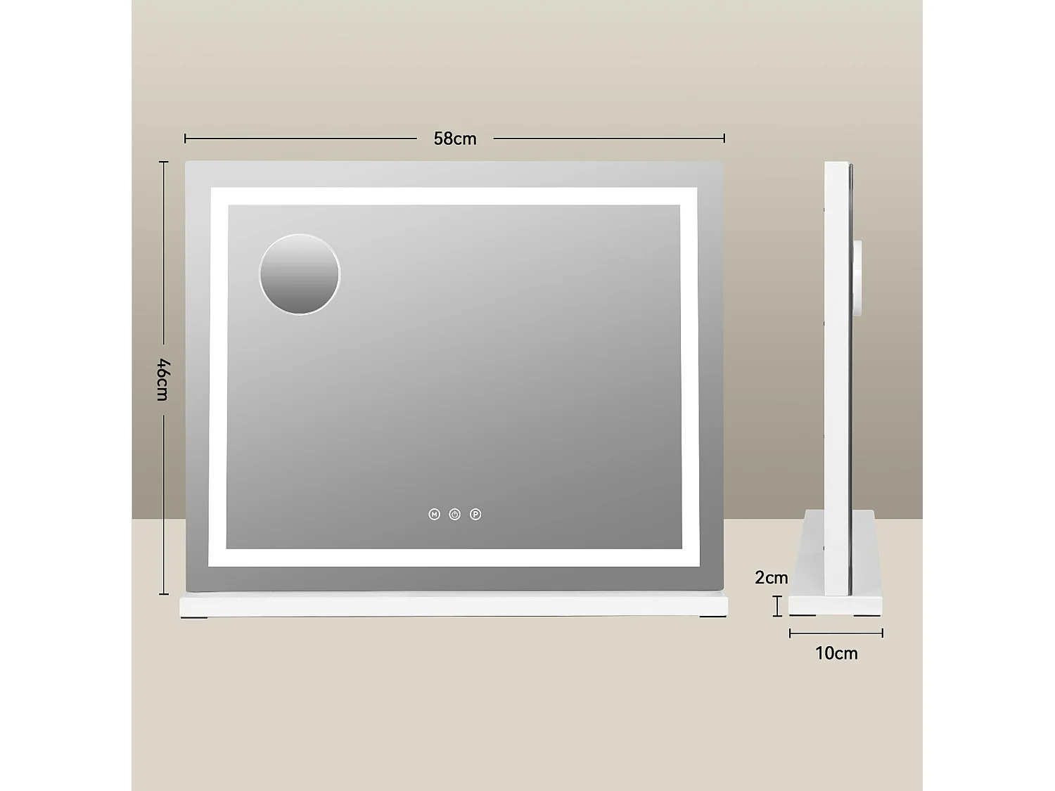 Miroir de maquillage LED - PULUOMIS - 58x48cm, 3 couleurs de lumière, luminosité réglable, commande tactile, loupe 10x amovible, port USB, pose table/mural - Blanc
