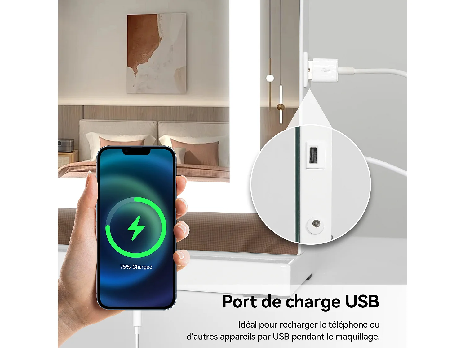 Miroir de maquillage LED - PULUOMIS - 58x48cm, 3 couleurs de lumière, luminosité réglable, commande tactile, loupe 10x amovible, port USB, pose table/mural - Blanc