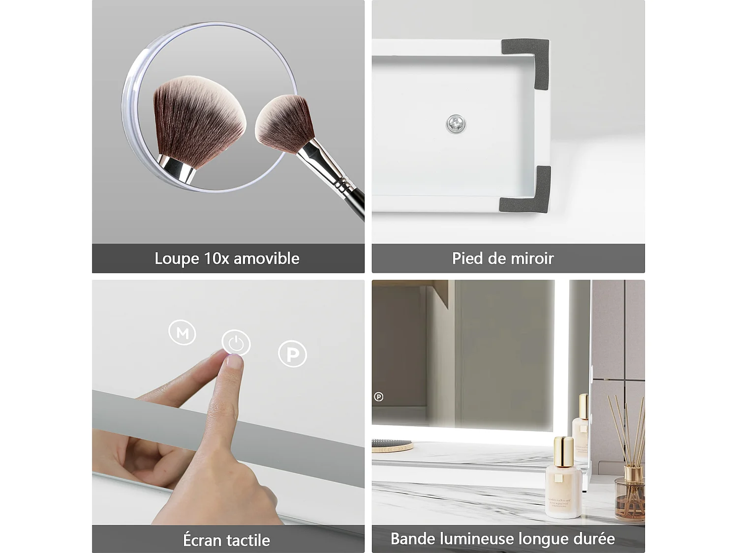 Miroir de maquillage LED - PULUOMIS - 58x48cm, 3 couleurs de lumière, luminosité réglable, commande tactile, loupe 10x amovible, port USB, pose table/mural - Blanc