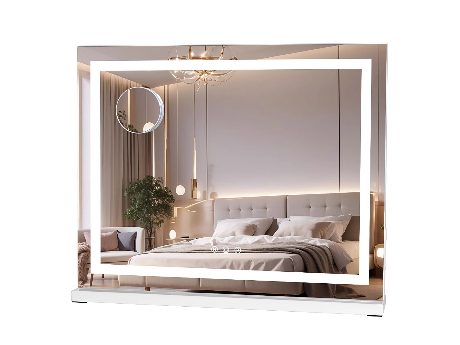 Miroir de maquillage LED - PULUOMIS - 58x48cm, 3 couleurs de lumière, luminosité réglable, commande tactile, loupe 10x amovible, port USB, pose table/mural - Blanc