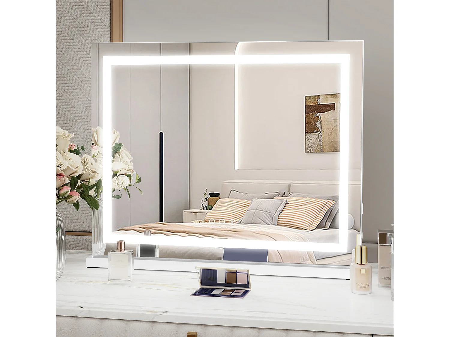 Miroir de maquillage LED - PULUOMIS - 58x48cm, 3 couleurs de lumière, luminosité réglable, commande tactile, loupe 10x amovible, port USB, pose table/mural - Blanc