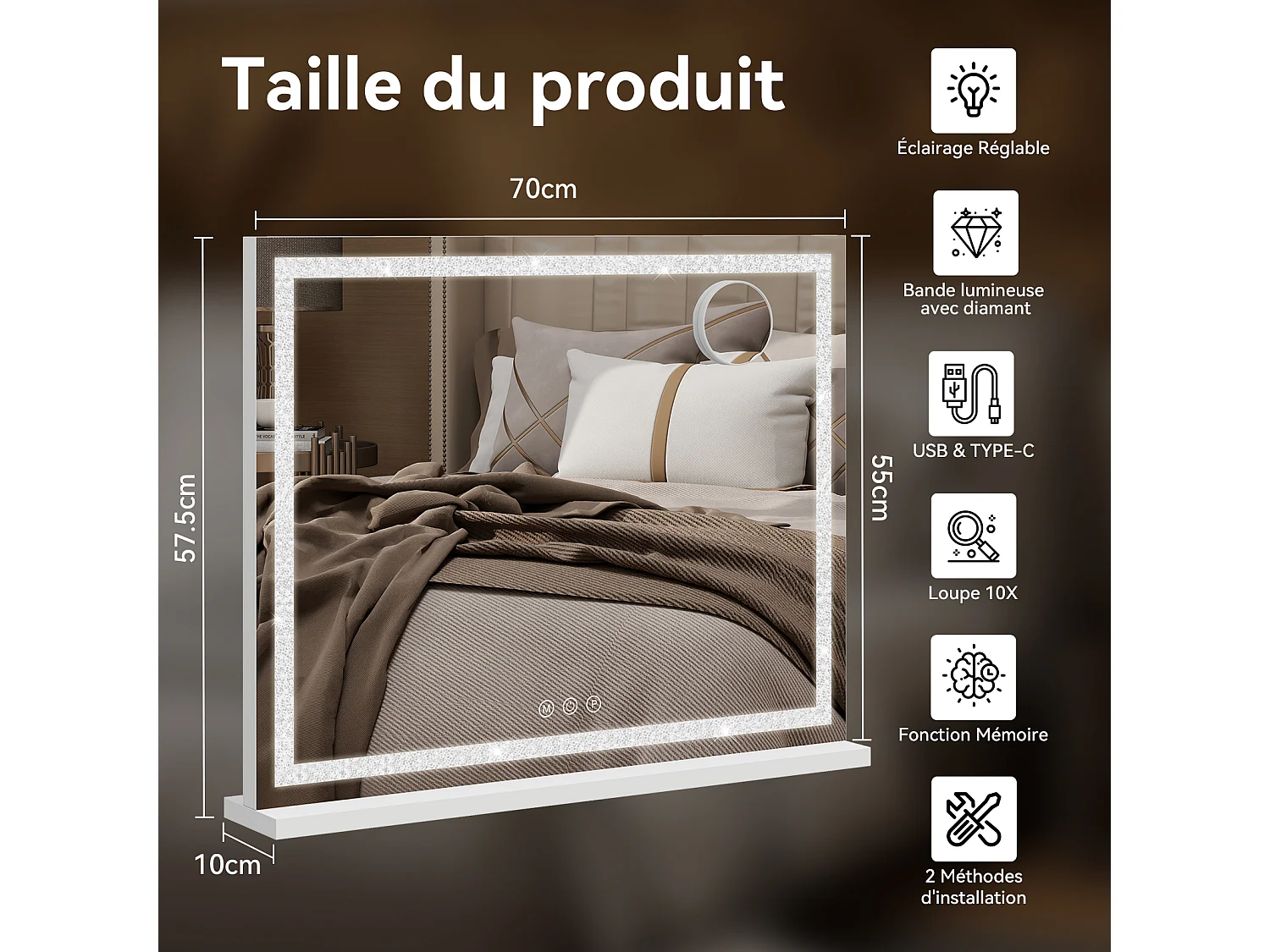 Miroir de maquillage 70x57cm - PULUOMIS - Miroir LED à bande diamant, 3 modes d'éclairage, USB & Type-C, loupe 10X, 2 méthodes d'installation - Blanc